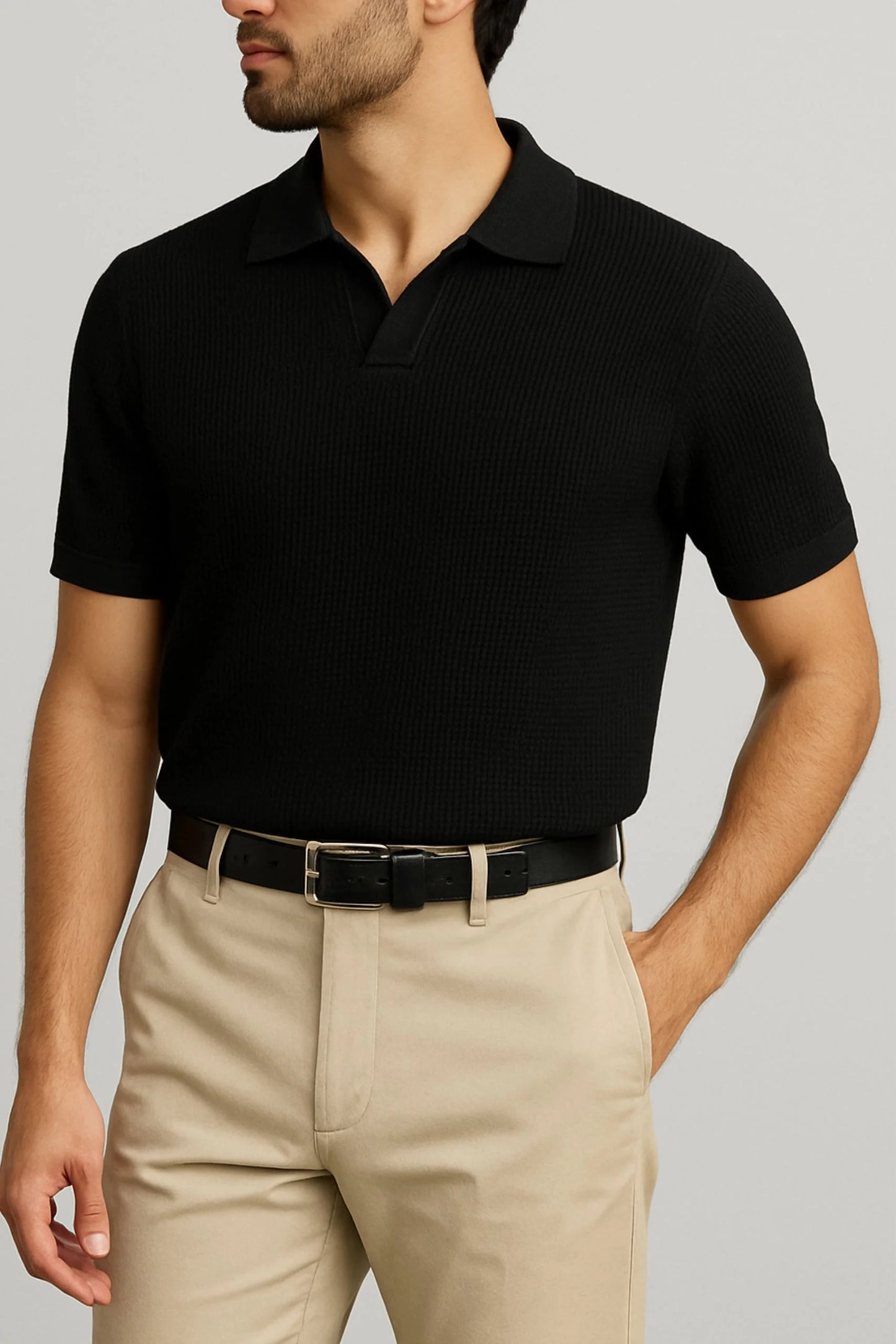 WAFFLE KNIT POLO | BLACK
