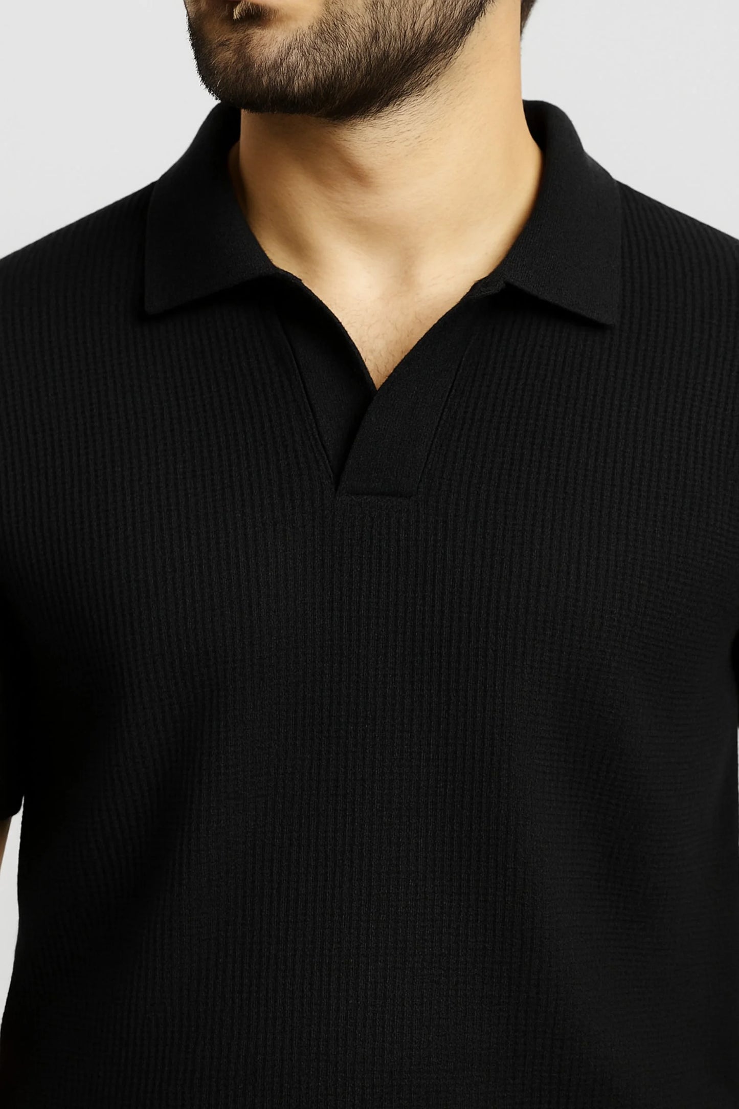 WAFFLE KNIT POLO | BLACK