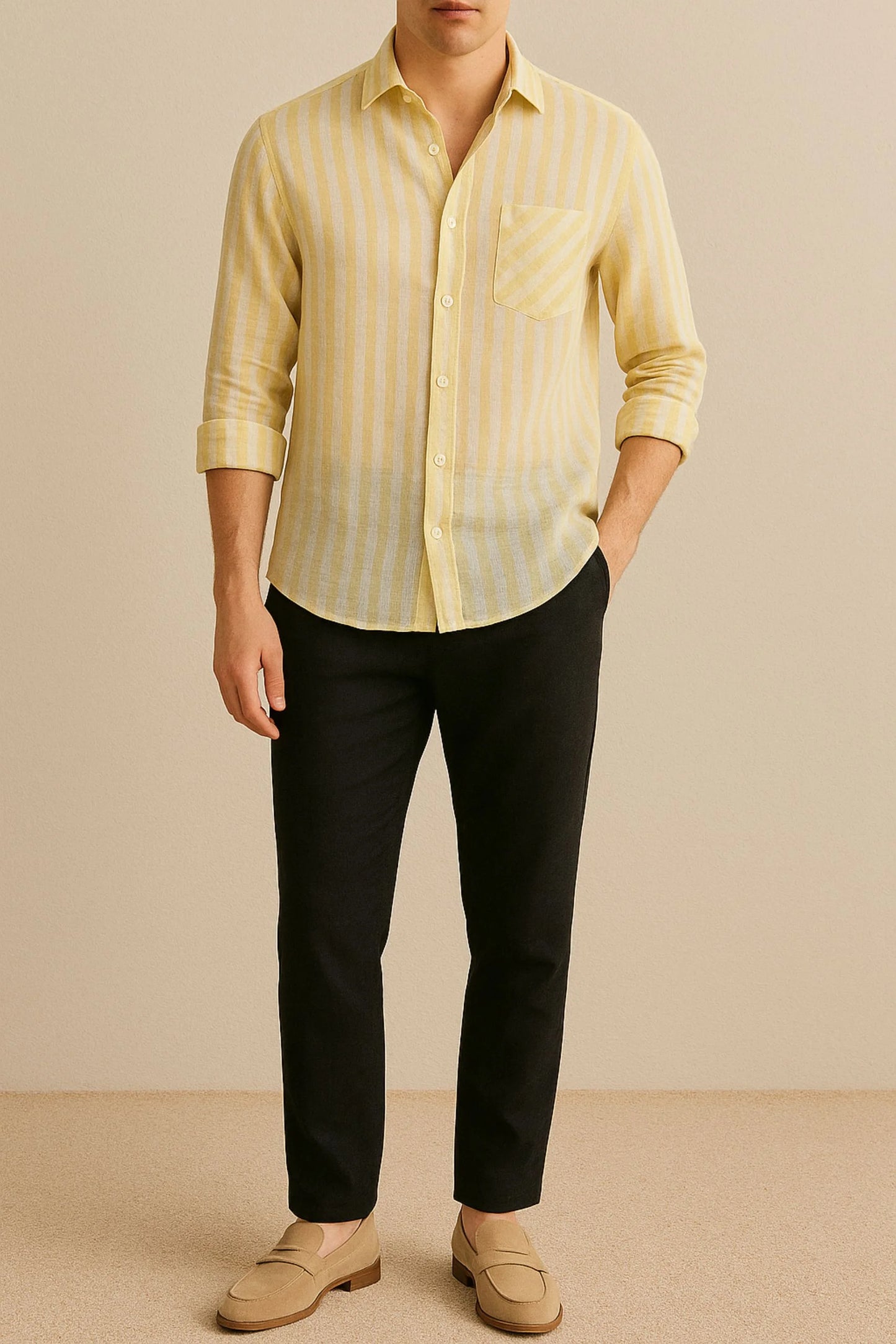 LINEN STRIPED SHIRT | LIME YELLOW/WHITE